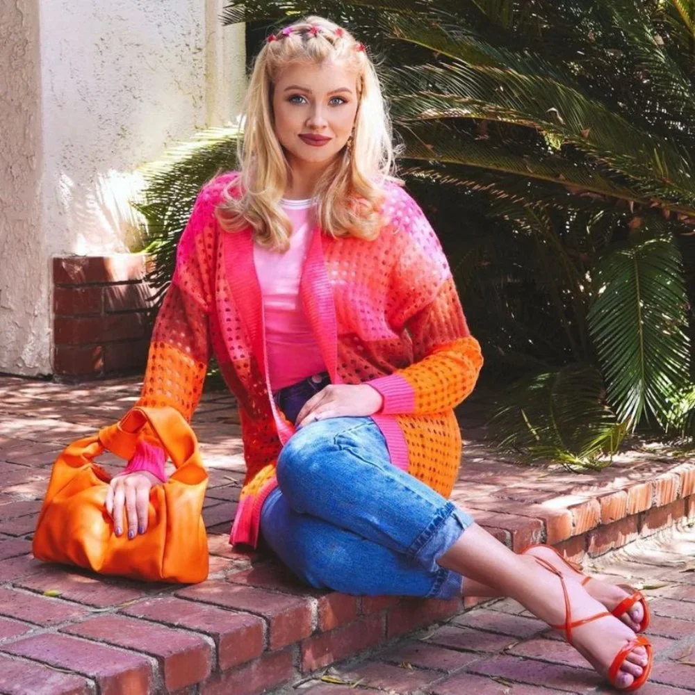 BRODIE CASHMERE Sunset Pointelle Knit Stripe CARDIGAN M L Neon Pink NEW $398 - Picture 2 of 11